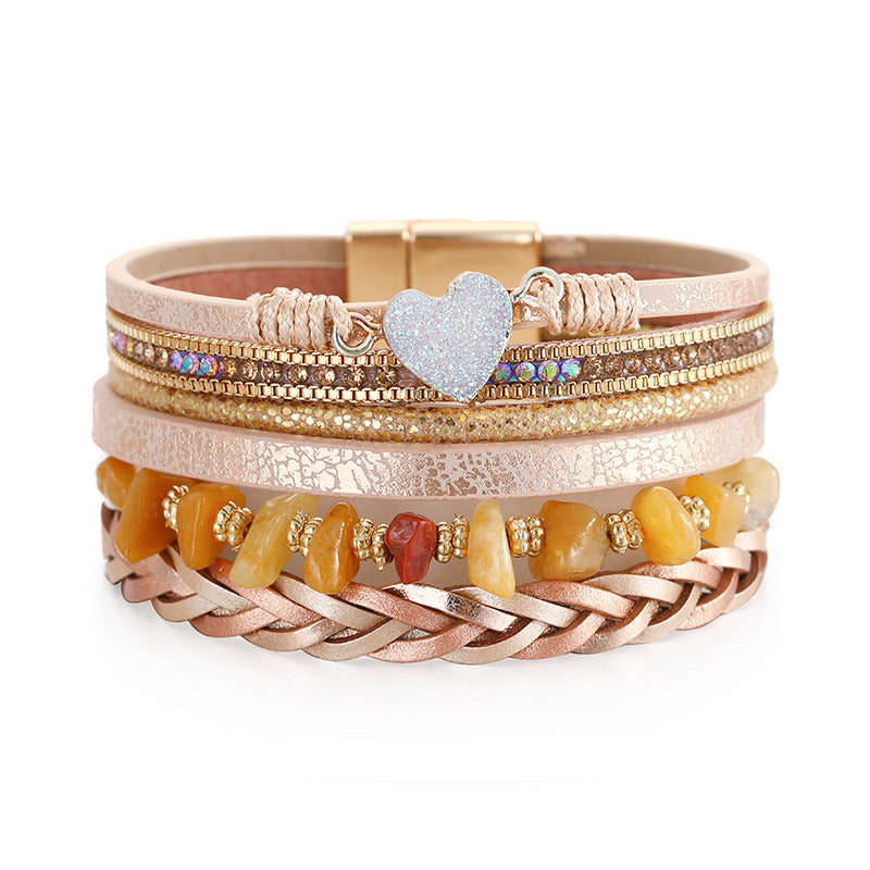 Wholesale Love Retro Hand-woven Leather Multi-layer Diamond-encrusted Ethnic Style Gravel Bracelet